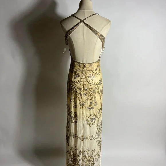 VINTAGE 90s/Y2K Beaded Silk Open Back Ombré Gold Silver Formal Prom Dress Small - Picture 4 of 8